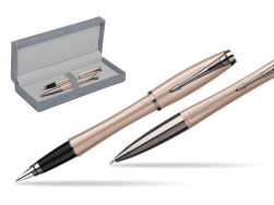 Parker Urban Premium Metallic Pink Lacquer Fountain Pen + Parker Urban Premium Metallic Pink Lacquer Ballpoint Pen in a Gift Box in suede box grey