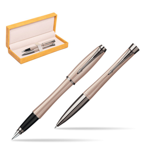 Parker Urban Premium Metallic Pink Lacquer Fountain Pen + Parker Urban Premium Metallic Pink Lacquer Ballpoint Pen in a Gift Box in suede box yellow