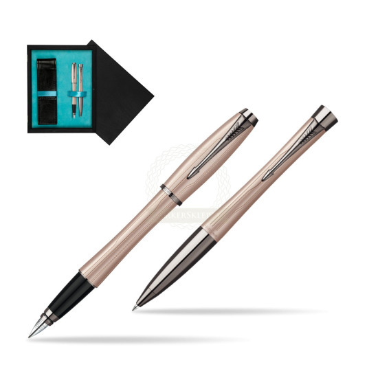 Parker Urban Premium Metallic Pink Lacquer Fountain Pen + Parker Urban Premium Metallic Pink Lacquer Ballpoint Pen in a Gift Box in double wooden box Black Double Turquoise