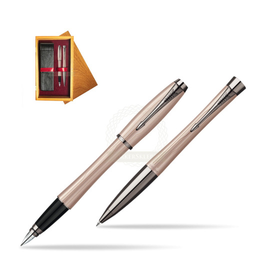 Parker Urban Premium Metallic Pink Lacquer Fountain Pen + Parker Urban Premium Metallic Pink Lacquer Ballpoint Pen in a Gift Box in double wooden box Honey Double Maroon