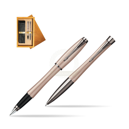 Parker Urban Premium Metallic Pink Lacquer Fountain Pen + Parker Urban Premium Metallic Pink Lacquer Ballpoint Pen in a Gift Box in double wooden box Honey Double Ecru