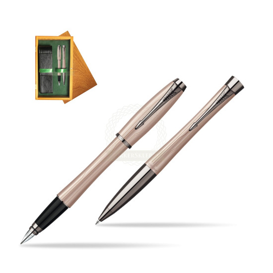 Parker Urban Premium Metallic Pink Lacquer Fountain Pen + Parker Urban Premium Metallic Pink Lacquer Ballpoint Pen in a Gift Box in double wooden box Honey Green