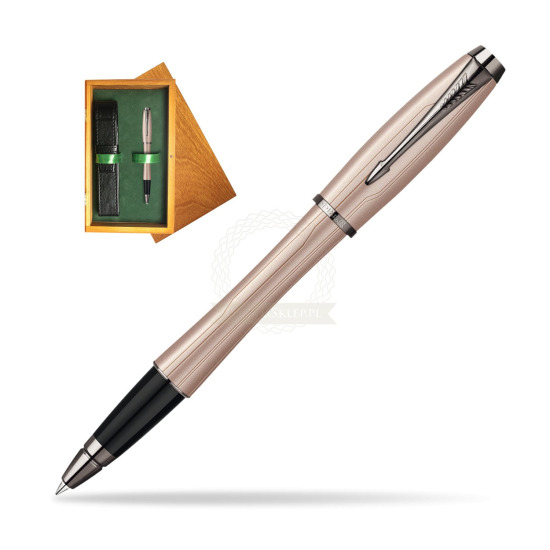 Parker Urban Premium Metallic Pink Lacquer Rollerball in single wooden box Honey Single Green