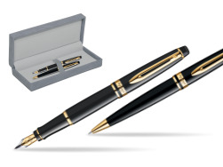 Waterman Expert Black GT Fountain Pen + Waterman Expert Black GT Ballpoint Pen in suede box grey