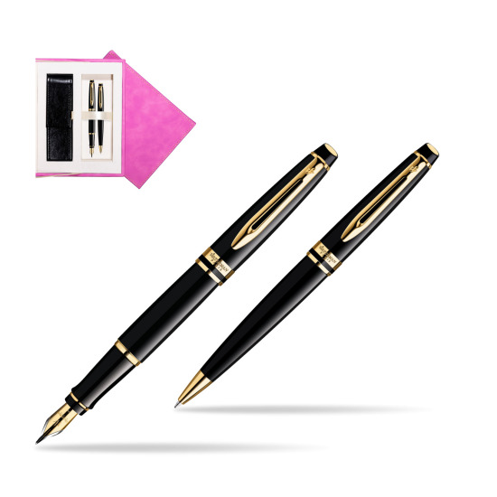 Waterman Expert Black GT Fountain Pen + Waterman Expert Black GT Ballpoint Pen in suede box fuchsia