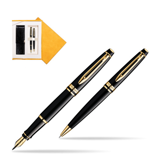 Waterman Expert Black GT Fountain Pen + Waterman Expert Black GT Ballpoint Pen in suede box yellow