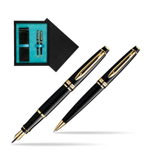 Waterman Expert Black GT Fountain Pen + Waterman Expert Black GT Ballpoint Pen in double wooden box Black Double Turquoise