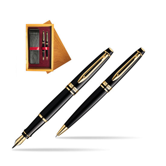 Waterman Expert Black GT Fountain Pen + Waterman Expert Black GT Ballpoint Pen in double wooden box Honey Double Maroon