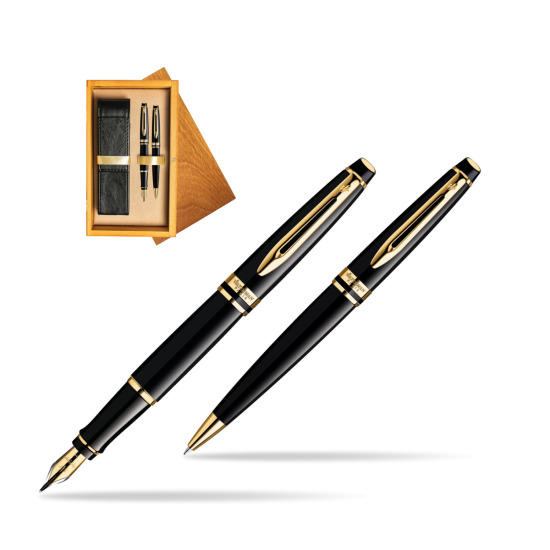 Waterman Expert Black GT Fountain Pen + Waterman Expert Black GT Ballpoint Pen in double wooden box Honey Double Ecru