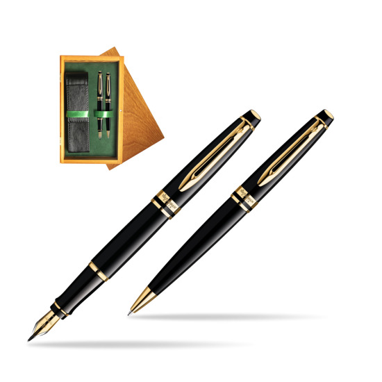 Waterman Expert Black GT Fountain Pen + Waterman Expert Black GT Ballpoint Pen in double wooden box Honey Green