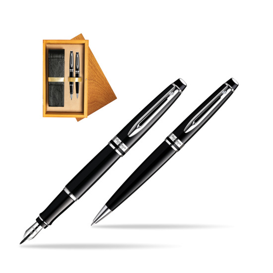 Waterman Expert Black CT Penna Stilografica + Waterman Expert Black CT Penna a Sfera in double wooden box Honey Double Ecru