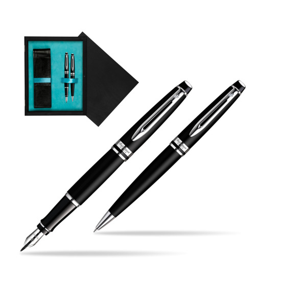 Waterman Expert Matt Black CT Penna Stilografica + Waterman Expert Matt Black CT Penna a Sfera in double wooden box Black Double Turquoise