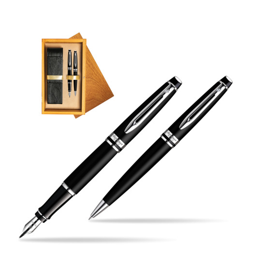 Waterman Expert Matt Black CT Penna Stilografica + Waterman Expert Matt Black CT Penna a Sfera in double wooden box Honey Double Ecru