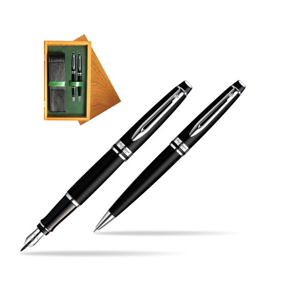 Waterman Expert Matt Black CT Penna Stilografica + Waterman Expert Matt Black CT Penna a Sfera in double wooden box Honey Green