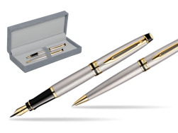Waterman Expert Stainless Steel GT Penna Stilografica + Waterman Expert Stainless Steel GT Penna a Sfera in suede box grey