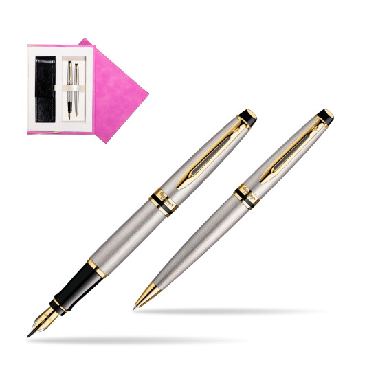Waterman Expert Stainless Steel GT Penna Stilografica + Waterman Expert Stainless Steel GT Penna a Sfera in suede box fuchsia