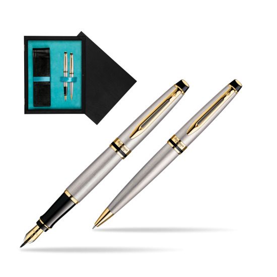Waterman Expert Stainless Steel GT Penna Stilografica + Waterman Expert Stainless Steel GT Penna a Sfera in double wooden box Black Double Turquoise