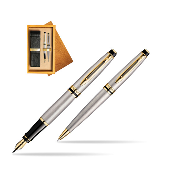 Waterman Expert Stainless Steel GT Penna Stilografica + Waterman Expert Stainless Steel GT Penna a Sfera in double wooden box Honey Double Ecru