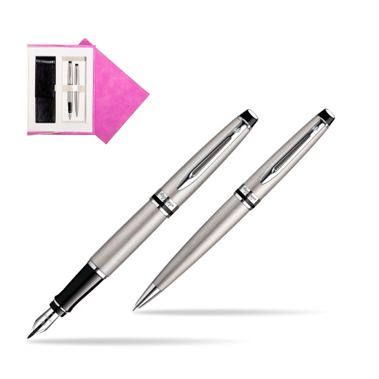 Waterman Expert Stainless Steel CT Penna Stilografica + Waterman Expert Stainless Steel CT Penna a Sfera in suede box fuchsia
