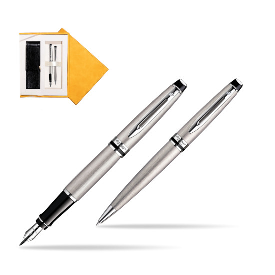 Waterman Expert Stainless Steel CT Penna Stilografica + Waterman Expert Stainless Steel CT Penna a Sfera in suede box yellow