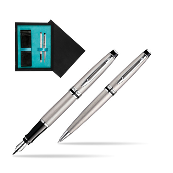 Waterman Expert Stainless Steel CT Penna Stilografica + Waterman Expert Stainless Steel CT Penna a Sfera in double wooden box Black Double Turquoise
