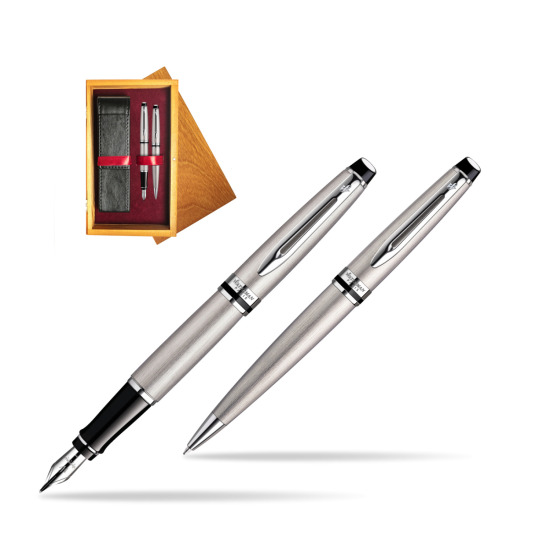 Waterman Expert Stainless Steel CT Penna Stilografica + Waterman Expert Stainless Steel CT Penna a Sfera in double wooden box Honey Double Maroon