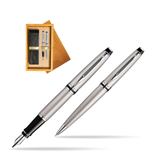 Waterman Expert Stainless Steel CT Penna Stilografica + Waterman Expert Stainless Steel CT Penna a Sfera in double wooden box Honey Double Ecru