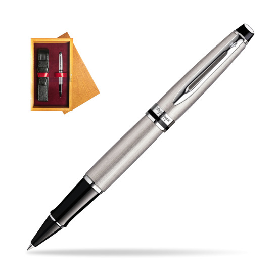 Waterman Expert Stainless Steel CT RollerPenna a Sfera in single wooden box Honey Single Maroon