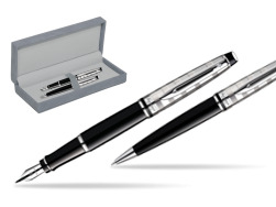 Waterman Expert Deluxe Black CT Fountain Pen + Waterman Expert Deluxe Black CT Ballpoint Pen in suede box grey