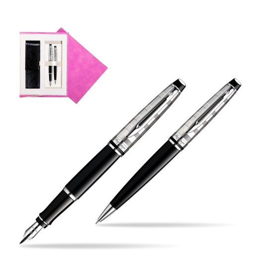 Waterman Expert Deluxe Black CT Fountain Pen + Waterman Expert Deluxe Black CT Ballpoint Pen in suede box fuchsia