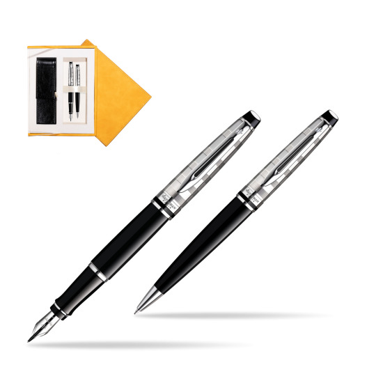 Waterman Expert Deluxe Black CT Fountain Pen + Waterman Expert Deluxe Black CT Ballpoint Pen in suede box yellow
