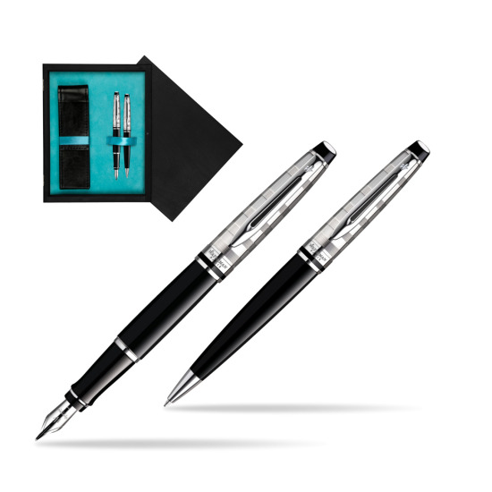 Waterman Expert Deluxe Black CT Fountain Pen + Waterman Expert Deluxe Black CT Ballpoint Pen in double wooden box Black Double Turquoise