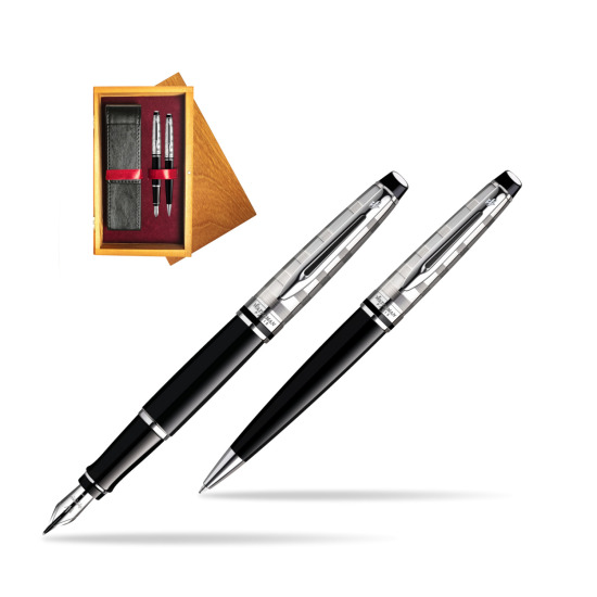 Waterman Expert Deluxe Black CT Fountain Pen + Waterman Expert Deluxe Black CT Ballpoint Pen in double wooden box Honey Double Maroon