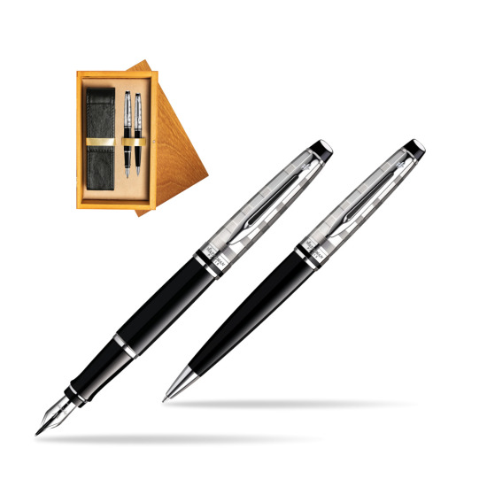 Waterman Expert Deluxe Black CT Fountain Pen + Waterman Expert Deluxe Black CT Ballpoint Pen in double wooden box Honey Double Ecru